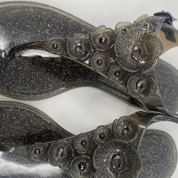 Coach Tea Rose Glitter Jelly Flat Thong Sandals Black Ankle Strap Summer Shoes 6