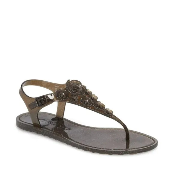 Coach Tea Rose Glitter Jelly Flat Thong Sandals Black Ankle Strap Summer Shoes 6