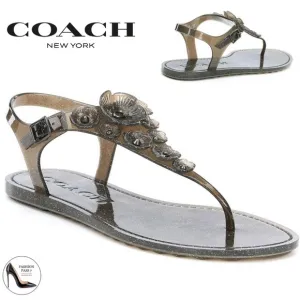 Coach Tea Rose Glitter Jelly Flat Thong Sandals Black Ankle Strap Summer Shoes 6