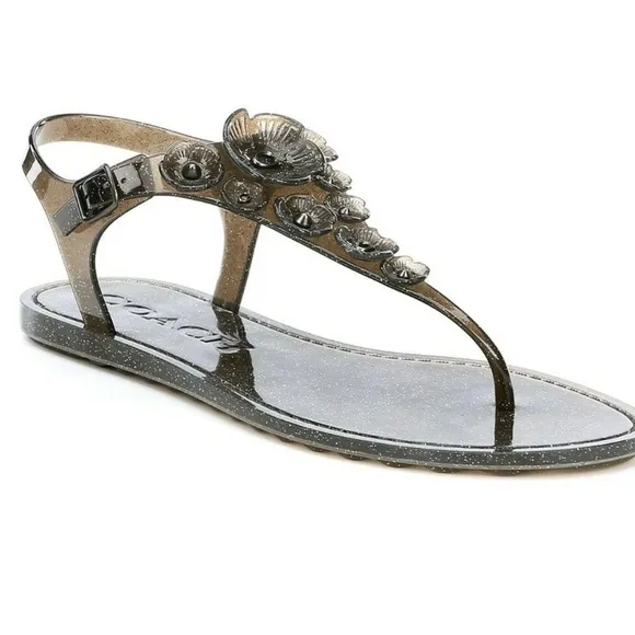Coach Tea Rose Glitter Jelly Flat Thong Sandals Black Ankle Strap Summer Shoes 6