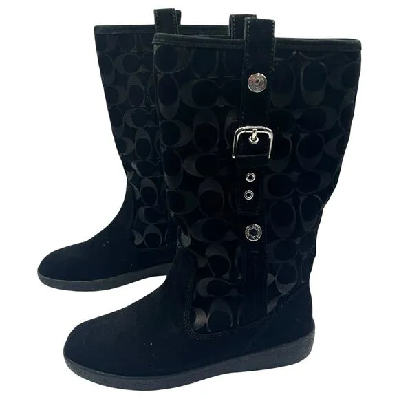 Coach Tulip Buckle Signature Logo Embossed Suede Winter Boots Black Size 6M