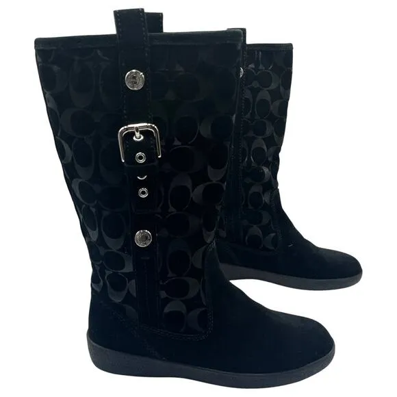 Coach Tulip Buckle Signature Logo Embossed Suede Winter Boots Black Size 6M