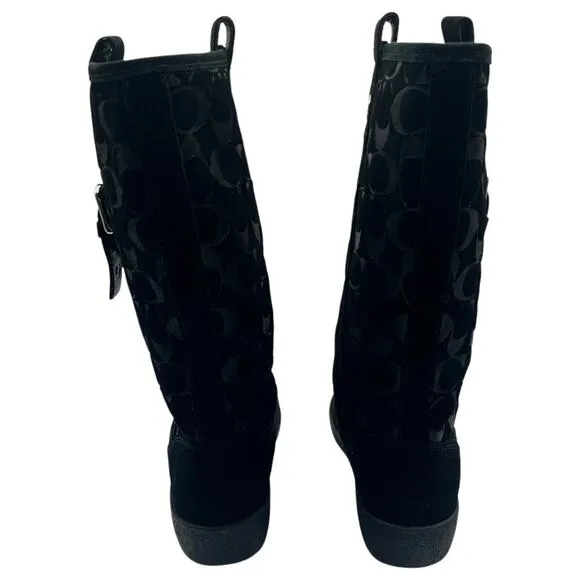 Coach Tulip Buckle Signature Logo Embossed Suede Winter Boots Black Size 6M
