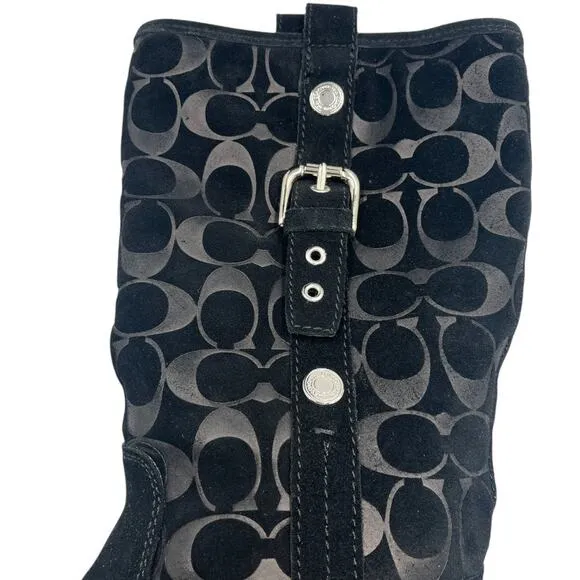 Coach Tulip Buckle Signature Logo Embossed Suede Winter Boots Black Size 6M