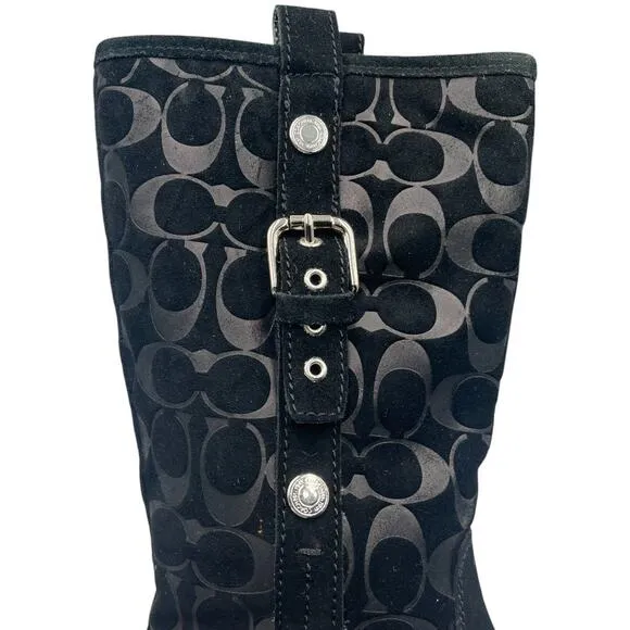 Coach Tulip Buckle Signature Logo Embossed Suede Winter Boots Black Size 6M