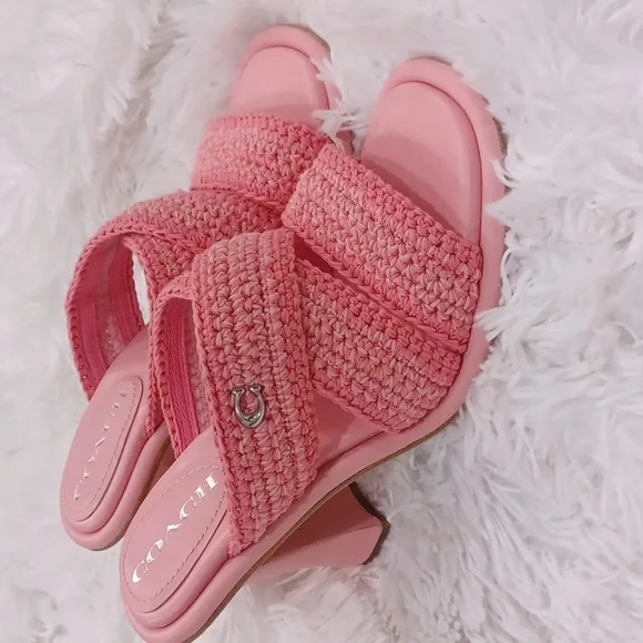 COACH’s Quintin 60MM Crochet leather sculptural heel sandals NEW Barbie Pink