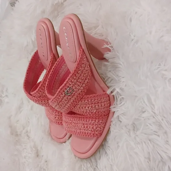 COACH’s Quintin 60MM Crochet leather sculptural heel sandals NEW Barbie Pink