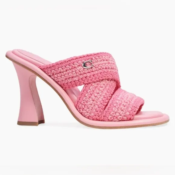 COACH’s Quintin 60MM Crochet leather sculptural heel sandals NEW Barbie Pink