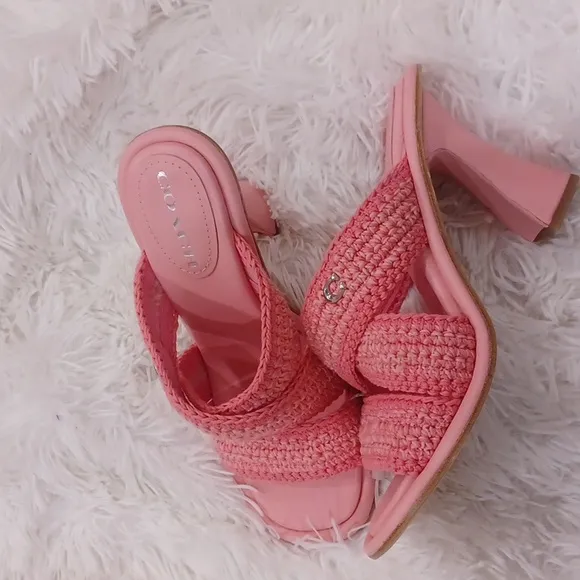 COACH’s Quintin 60MM Crochet leather sculptural heel sandals NEW Barbie Pink