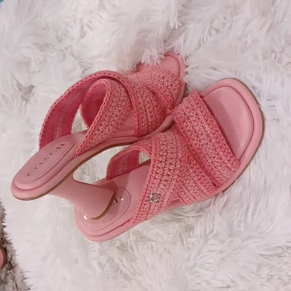 COACH’s Quintin 60MM Crochet leather sculptural heel sandals NEW Barbie Pink