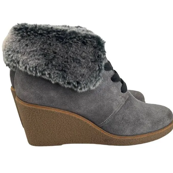 Cole Haan Coralie Wedge Boots Gray Womens 6 Ankle Bootie Faux Fur Suede