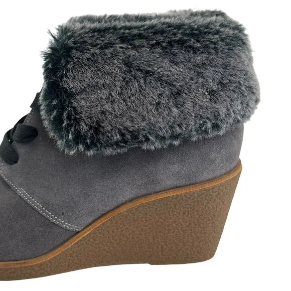 Cole Haan Coralie Wedge Boots Gray Womens 6 Ankle Bootie Faux Fur Suede
