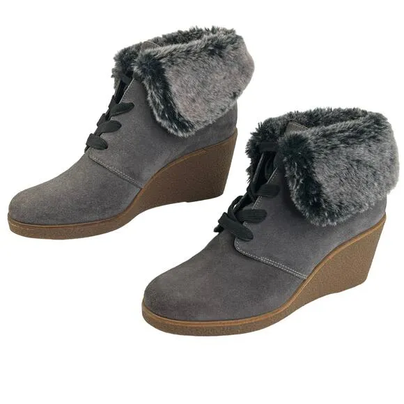 Cole Haan Coralie Wedge Boots Gray Womens 6 Ankle Bootie Faux Fur Suede