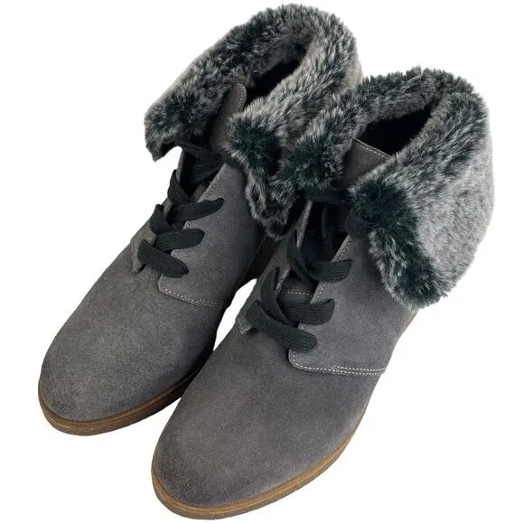 Cole Haan Coralie Wedge Boots Gray Womens 6 Ankle Bootie Faux Fur Suede