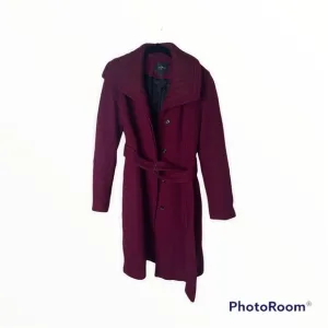 COLE HAAN Cranberry Wool Blend Long Line Belted Pea Coat, Size 4