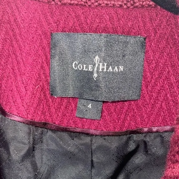 COLE HAAN Cranberry Wool Blend Long Line Belted Pea Coat, Size 4