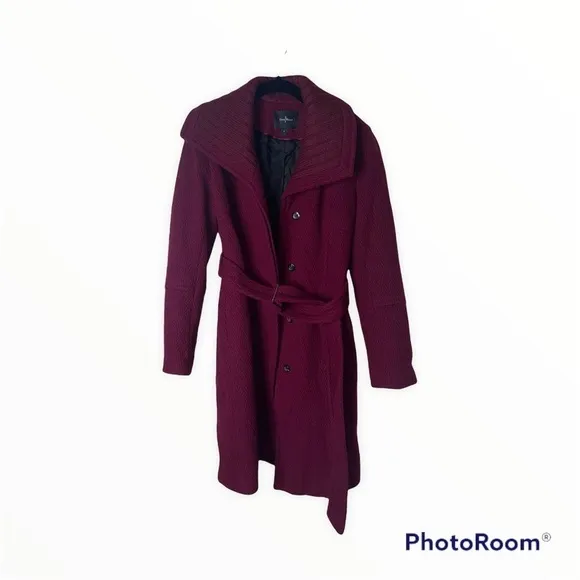 COLE HAAN Cranberry Wool Blend Long Line Belted Pea Coat, Size 4