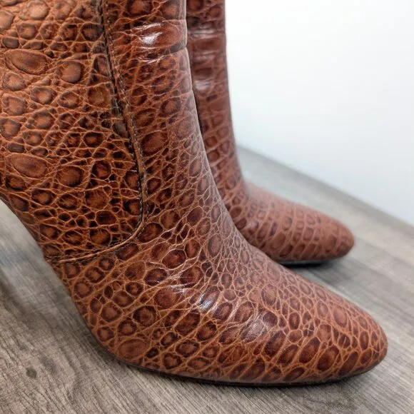 Cole Haan Nydia Cognac Crocodile Style Boots Size 8.5 Heeled Zipper Fall Autumn