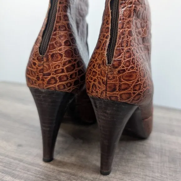 Cole Haan Nydia Cognac Crocodile Style Boots Size 8.5 Heeled Zipper Fall Autumn