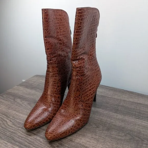 Cole Haan Nydia Cognac Crocodile Style Boots Size 8.5 Heeled Zipper Fall Autumn