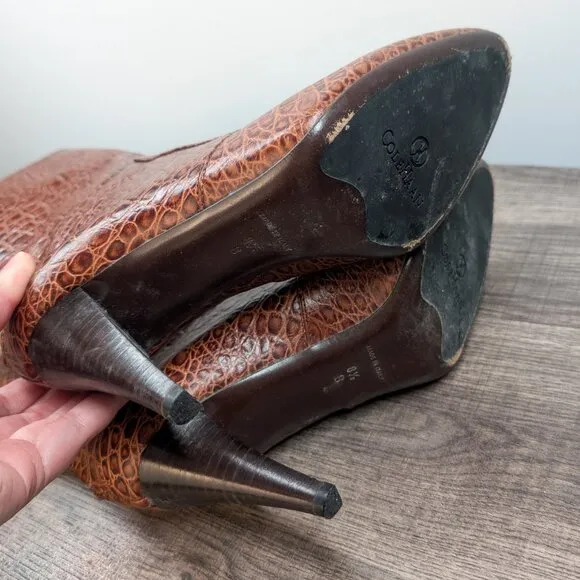Cole Haan Nydia Cognac Crocodile Style Boots Size 8.5 Heeled Zipper Fall Autumn