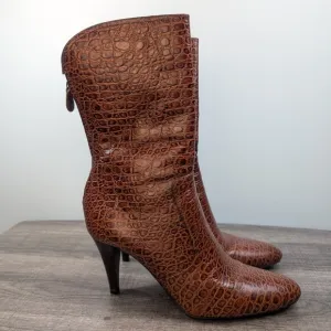 Cole Haan Nydia Cognac Crocodile Style Boots Size 8.5 Heeled Zipper Fall Autumn