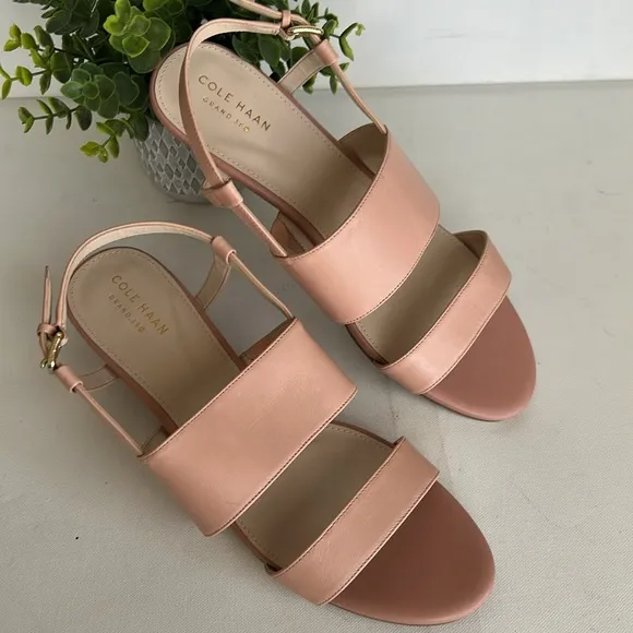 Cole Haan Sandals Women Pink Leather Slingback Wedge Buckle
