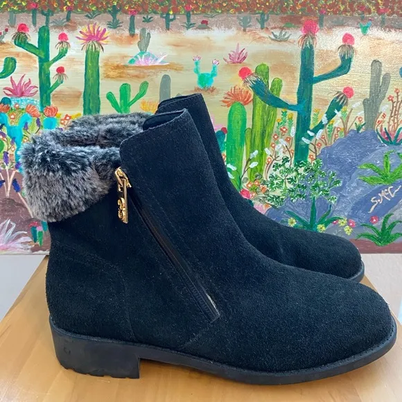 COLE HAAN Suede &amp; Fur Ankle Boots, Waterproof, Double Side Gold Zipper, 8 1/2 B
