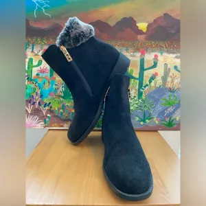COLE HAAN Suede &amp; Fur Ankle Boots, Waterproof, Double Side Gold Zipper, 8 1/2 B