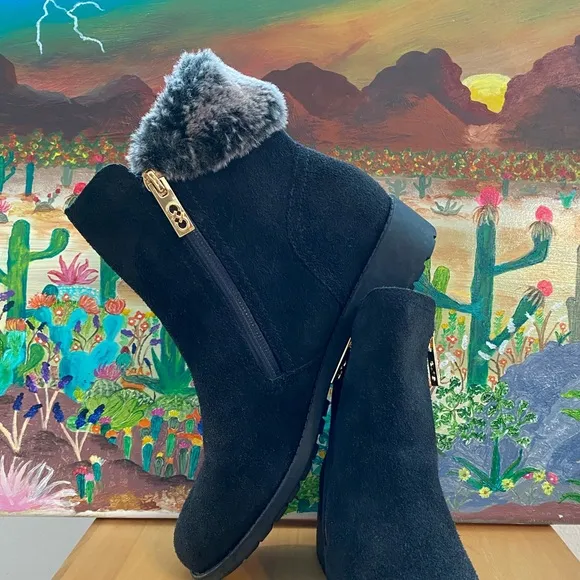 COLE HAAN Suede &amp; Fur Ankle Boots, Waterproof, Double Side Gold Zipper, 8 1/2 B