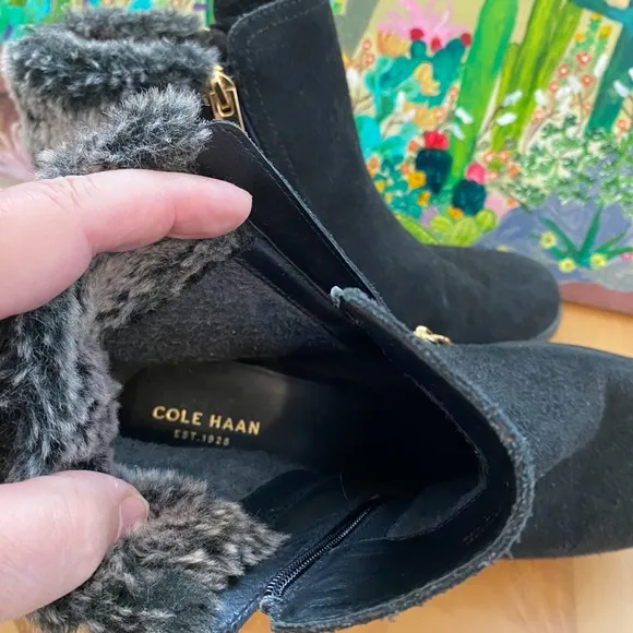 COLE HAAN Suede &amp; Fur Ankle Boots, Waterproof, Double Side Gold Zipper, 8 1/2 B