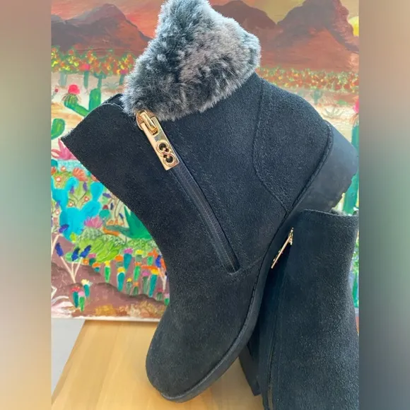 COLE HAAN Suede &amp; Fur Ankle Boots, Waterproof, Double Side Gold Zipper, 8 1/2 B