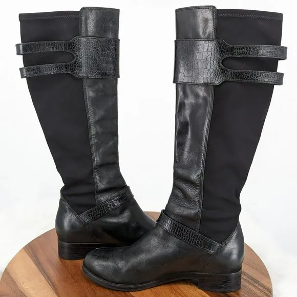Cole Haan Tennley Knee High Boots 7.5 B Black Leather Stretch Buckles Pull On