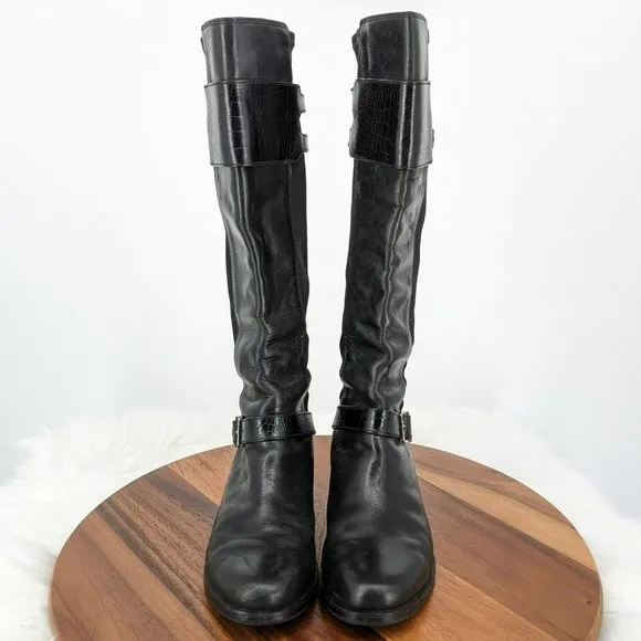 Cole Haan Tennley Knee High Boots 7.5 B Black Leather Stretch Buckles Pull On