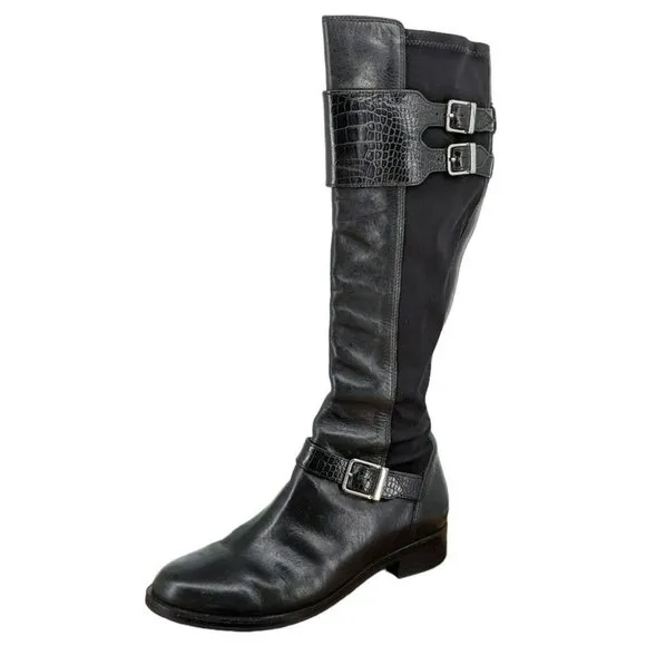 Cole Haan Tennley Knee High Boots 7.5 B Black Leather Stretch Buckles Pull On
