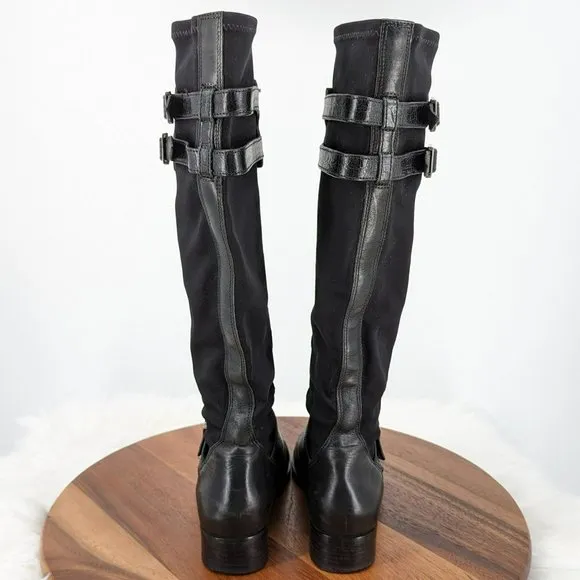 Cole Haan Tennley Knee High Boots 7.5 B Black Leather Stretch Buckles Pull On