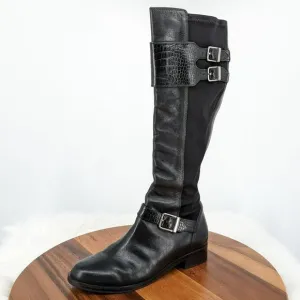 Cole Haan Tennley Knee High Boots 7.5 B Black Leather Stretch Buckles Pull On