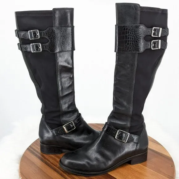 Cole Haan Tennley Knee High Boots 7.5 B Black Leather Stretch Buckles Pull On