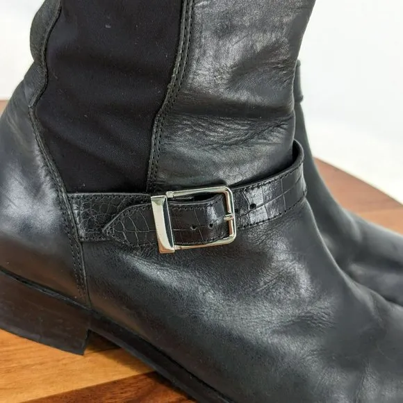 Cole Haan Tennley Knee High Boots 7.5 B Black Leather Stretch Buckles Pull On