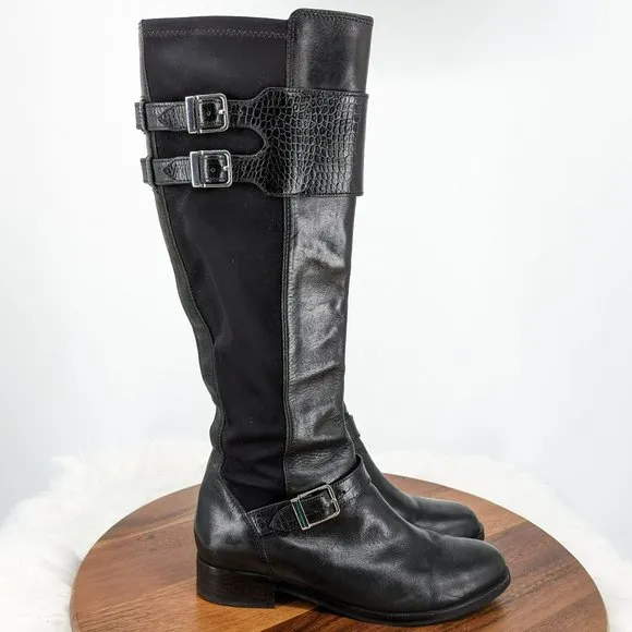 Cole Haan Tennley Knee High Boots 7.5 B Black Leather Stretch Buckles Pull On