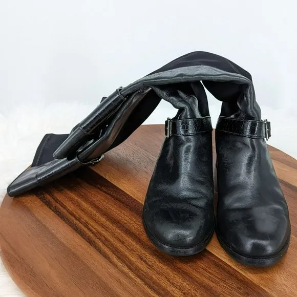 Cole Haan Tennley Knee High Boots 7.5 B Black Leather Stretch Buckles Pull On