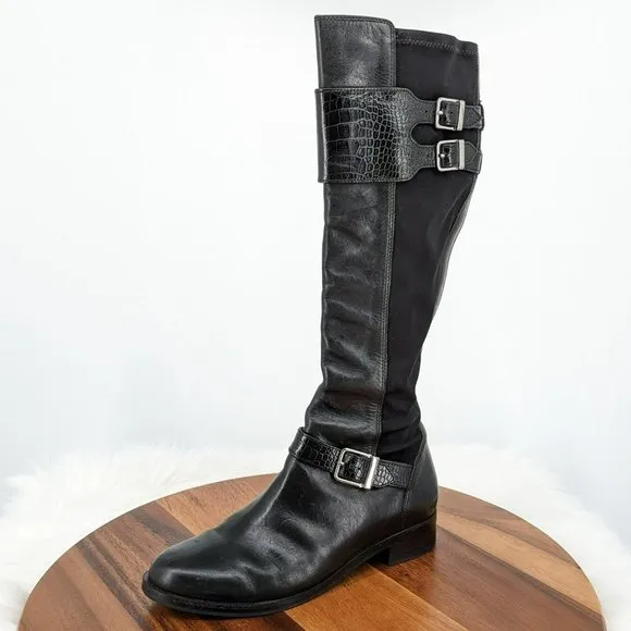 Cole Haan Tennley Knee High Boots 7.5 B Black Leather Stretch Buckles Pull On