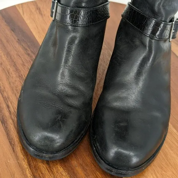 Cole Haan Tennley Knee High Boots 7.5 B Black Leather Stretch Buckles Pull On
