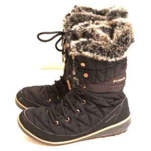 Columbia Heavenly Omni-Heat Snow Waterproof Boots Black Gray Faux Fur Women SZ 8
