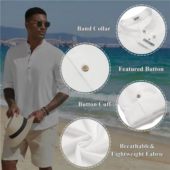 COOFANDY Men's Casual Henley Shirts Long Sleeve Band Collar Lightweight Beach