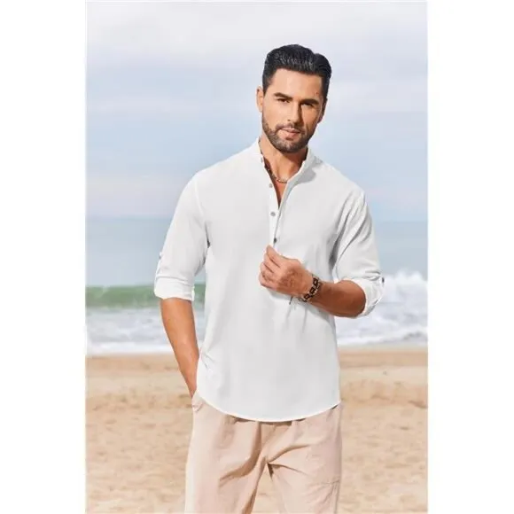COOFANDY Men's Casual Henley Shirts Long Sleeve Band Collar Lightweight Beach