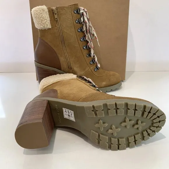 Crevo Joan Combat Boots Suede Faux Fur Heel Booties Tan Size 9 NEW