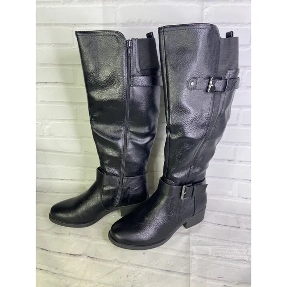 Croft &amp; Barrow Womens Size 6.5 Noemi Faux Leather Riding Boots Black Zip Up