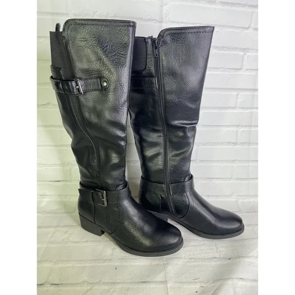 Croft &amp; Barrow Womens Size 6.5 Noemi Faux Leather Riding Boots Black Zip Up