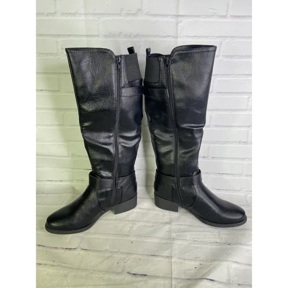 Croft &amp; Barrow Womens Size 6.5 Noemi Faux Leather Riding Boots Black Zip Up